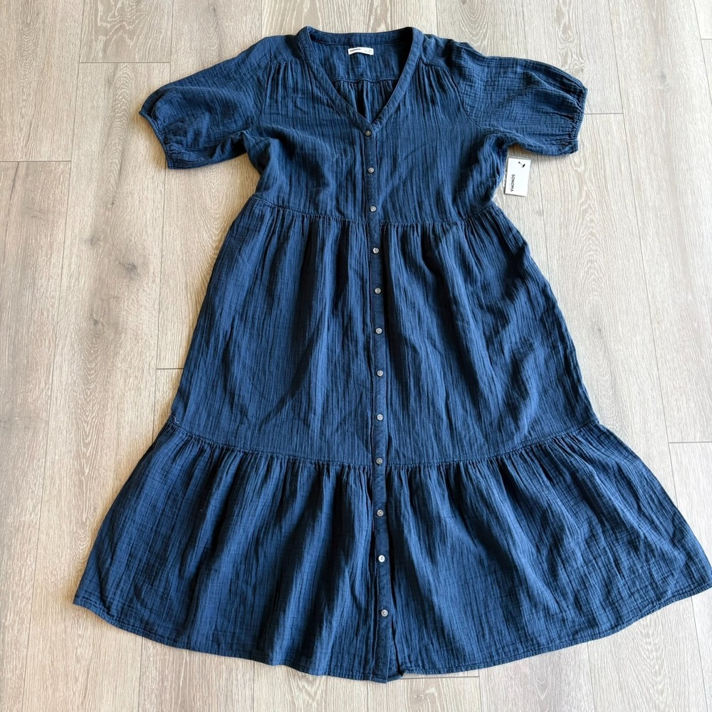 NWT Sonoma Womens Navy Blue Short Sleeve Button Front Tiered Midi Dress Size 2XL